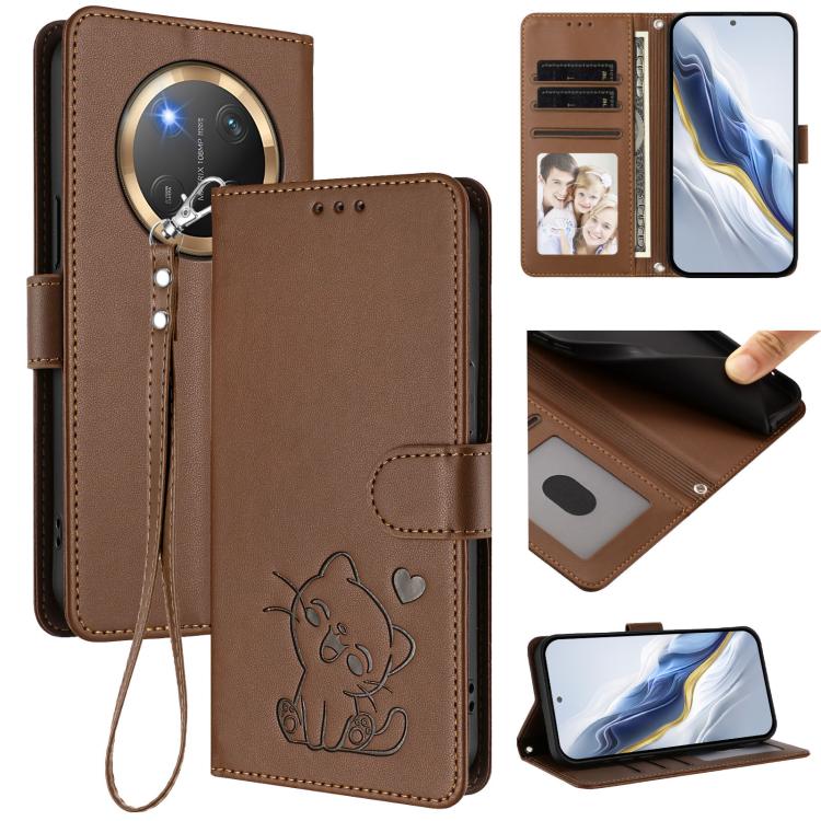 Embossed Heart Cat Leather Phone Case with Hand Strap, For Honor 400 Lite Global, For Honor 400 Global 156.5mm, For Honor X8c 4G, For Honor X9c / X60 Pro / Magic7 Lite