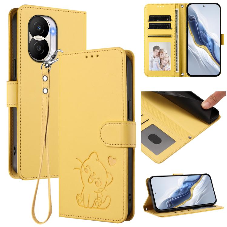 Embossed Heart Cat Leather Phone Case with Hand Strap, For Honor X9 5G / X9 4G, For Honor X40i, For Honor 70 Pro, For Honor 70