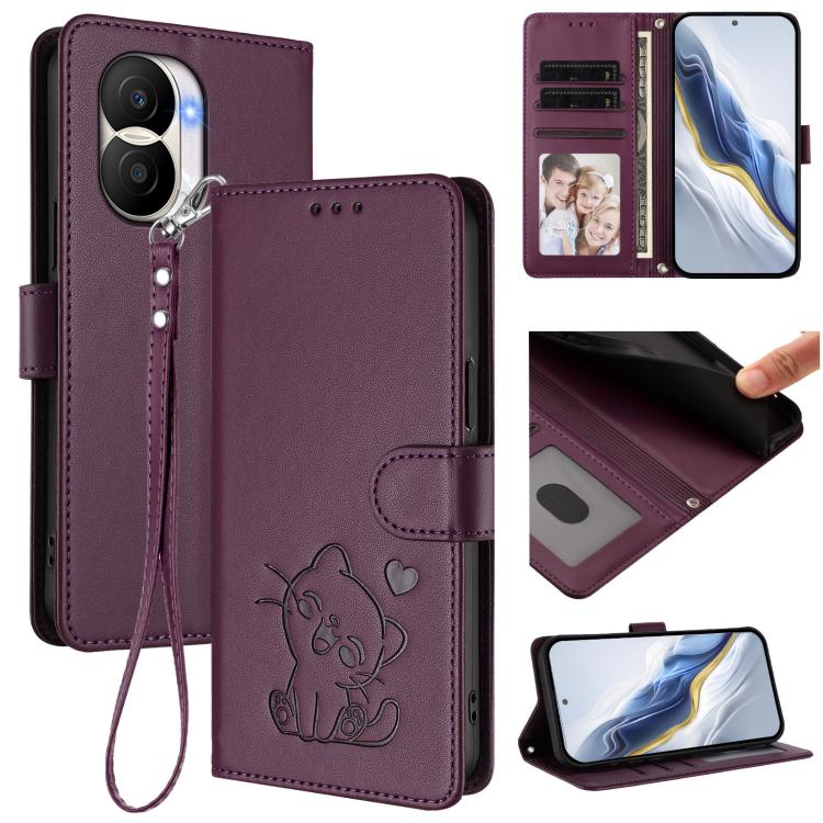 Embossed Heart Cat Leather Phone Case with Hand Strap, For Honor X9 5G / X9 4G, For Honor X40i, For Honor 70 Pro, For Honor 70