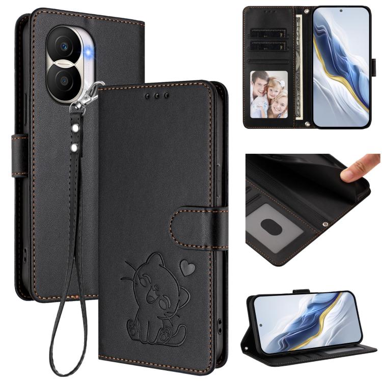Embossed Heart Cat Leather Phone Case with Hand Strap, For Honor X9 5G / X9 4G, For Honor X40i, For Honor 70 Pro, For Honor 70