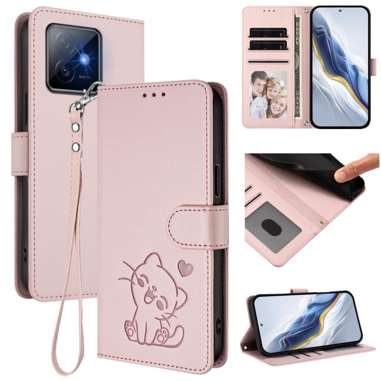 Embossed Heart Cat Leather Phone Case with Hand Strap, For Honor X60 GT, For Honor 400 Pro Global 160.8mm, For Honor Power, For Honor Play 60