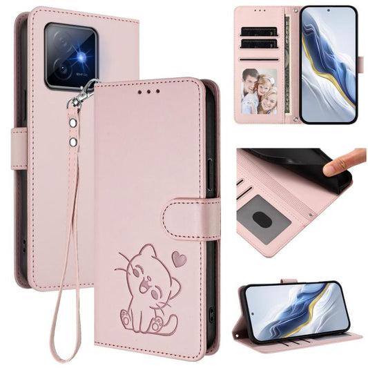 Embossed Heart Cat Leather Phone Case with Hand Strap, For Honor X60 GT, For Honor 400 Pro Global 160.8mm, For Honor Power, For Honor Play 60