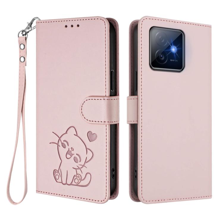 Embossed Heart Cat Leather Phone Case with Hand Strap, For Honor X60 GT, For Honor 400 Pro Global 160.8mm, For Honor Power, For Honor Play 60