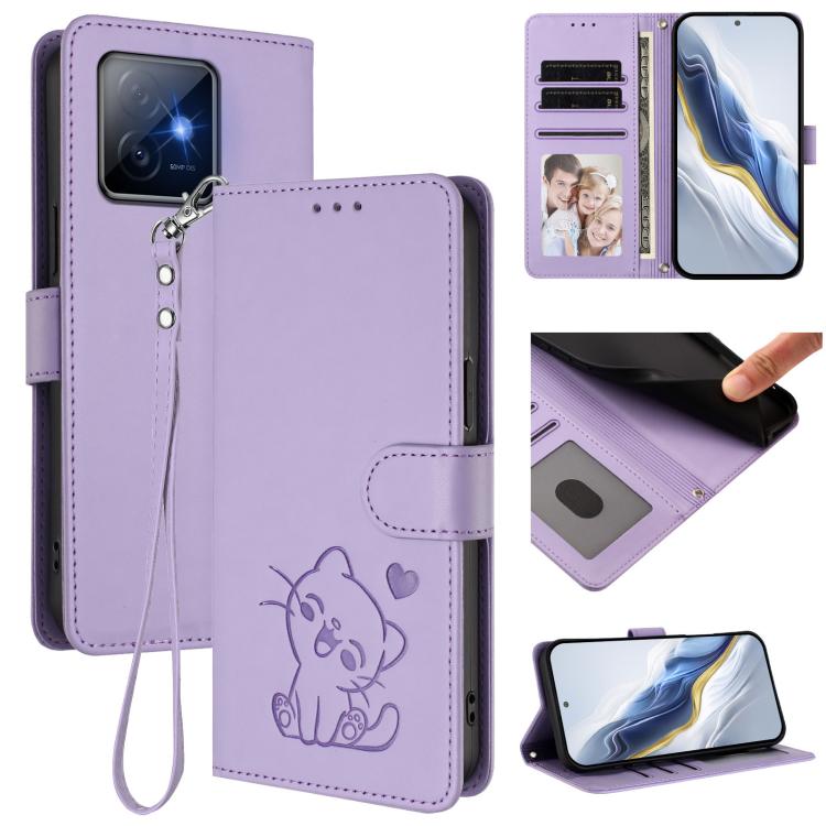 Embossed Heart Cat Leather Phone Case with Hand Strap, For Honor X60 GT, For Honor 400 Pro Global 160.8mm, For Honor Power, For Honor Play 60