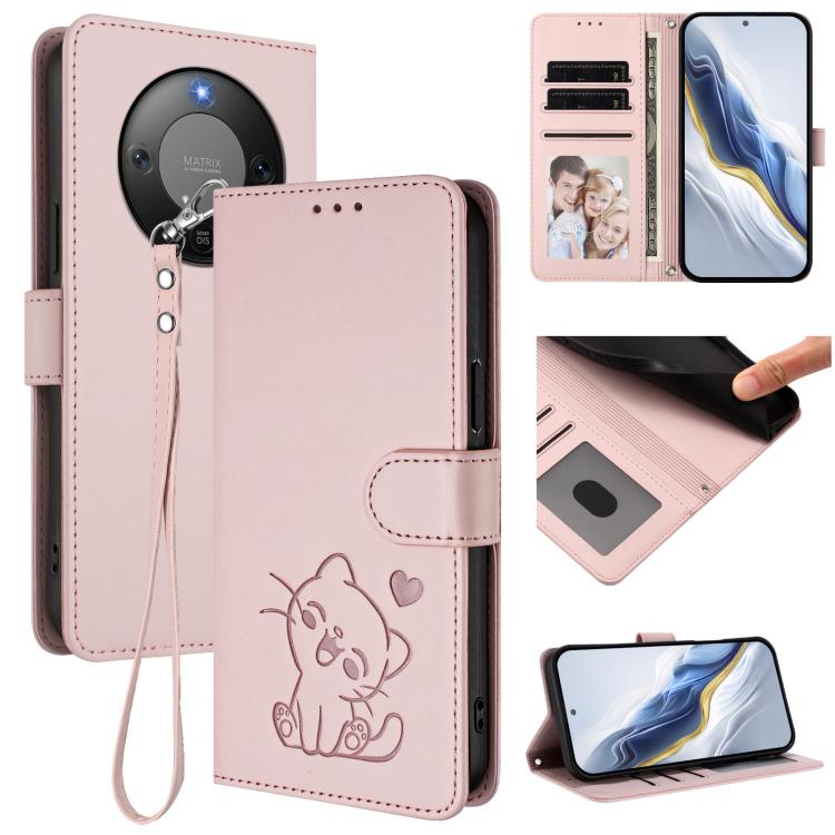 Embossed Heart Cat Leather Phone Case with Hand Strap, For Honor X70 5G, For Honor X6c 4G / X5b / X5b Plus, For Honor X70i, For Honor GT Pro
