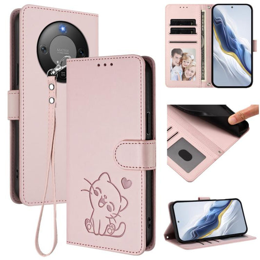Embossed Heart Cat Leather Phone Case with Hand Strap, For Honor X70 5G, For Honor X6c 4G / X5b / X5b Plus, For Honor X70i, For Honor GT Pro