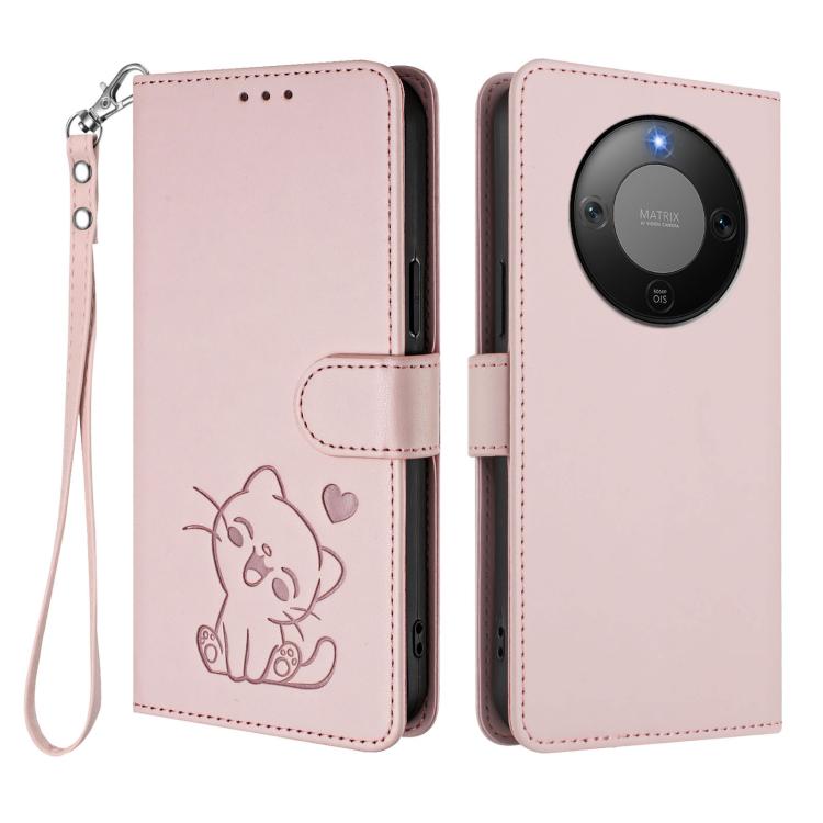 Embossed Heart Cat Leather Phone Case with Hand Strap, For Honor X70 5G, For Honor X6c 4G / X5b / X5b Plus, For Honor X70i, For Honor GT Pro