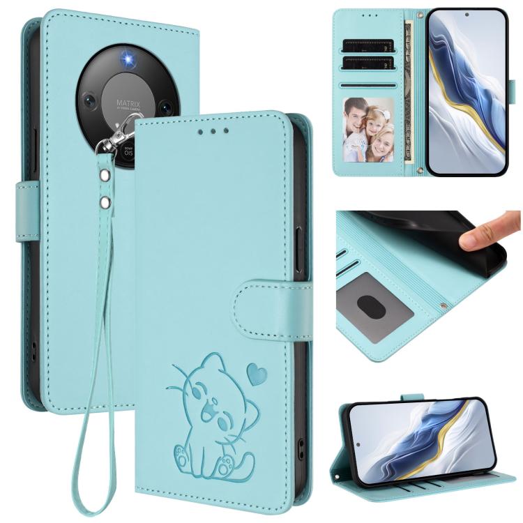 Embossed Heart Cat Leather Phone Case with Hand Strap, For Honor X70 5G, For Honor X6c 4G / X5b / X5b Plus, For Honor X70i, For Honor GT Pro