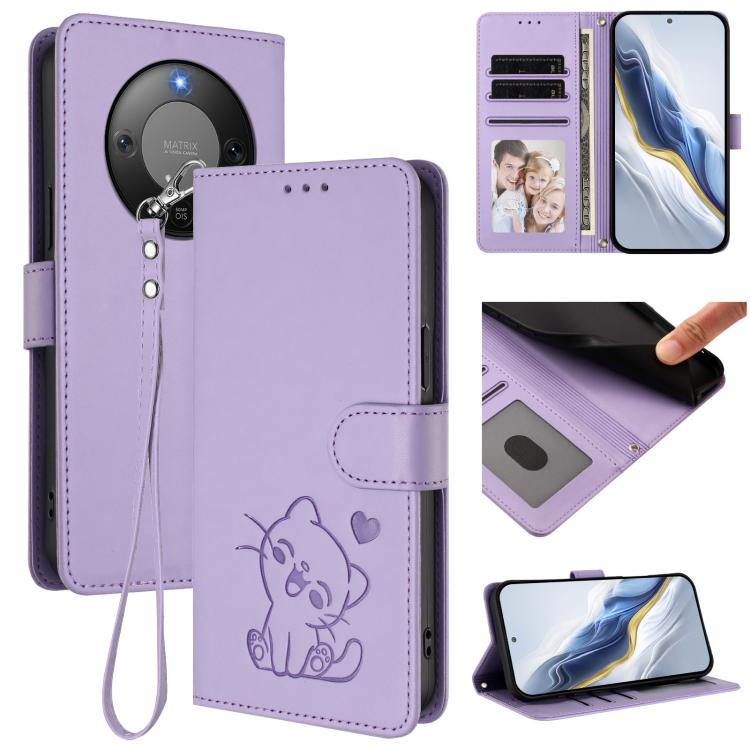 Embossed Heart Cat Leather Phone Case with Hand Strap, For Honor X70 5G, For Honor X6c 4G / X5b / X5b Plus, For Honor X70i, For Honor GT Pro