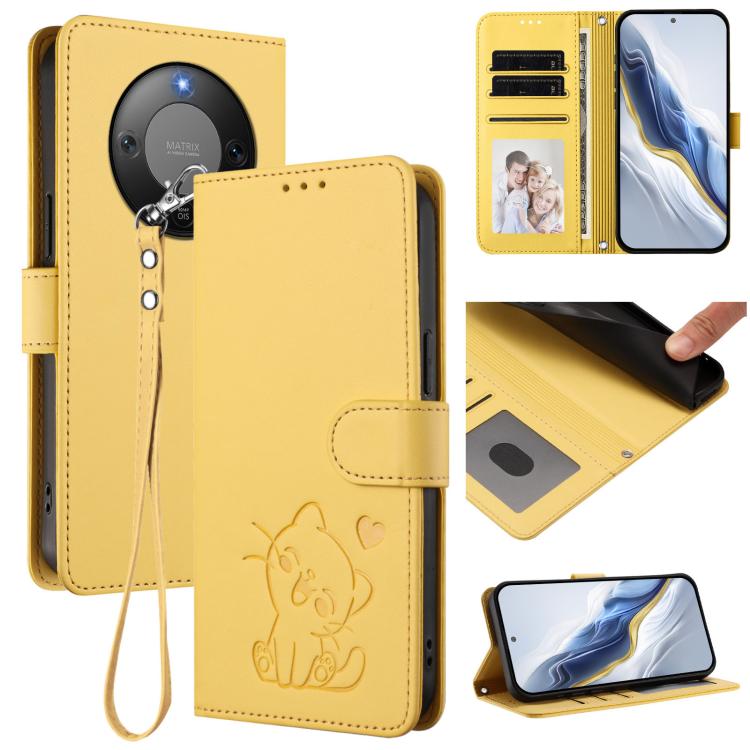 Embossed Heart Cat Leather Phone Case with Hand Strap, For Honor X70 5G, For Honor X6c 4G / X5b / X5b Plus, For Honor X70i, For Honor GT Pro