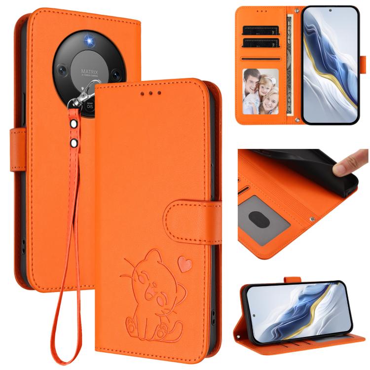 Embossed Heart Cat Leather Phone Case with Hand Strap, For Honor X70 5G, For Honor X6c 4G / X5b / X5b Plus, For Honor X70i, For Honor GT Pro