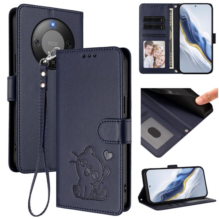Embossed Heart Cat Leather Phone Case with Hand Strap, For Honor X70 5G, For Honor X6c 4G / X5b / X5b Plus, For Honor X70i, For Honor GT Pro
