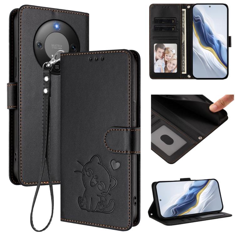 Embossed Heart Cat Leather Phone Case with Hand Strap, For Honor X70 5G, For Honor X6c 4G / X5b / X5b Plus, For Honor X70i, For Honor GT Pro