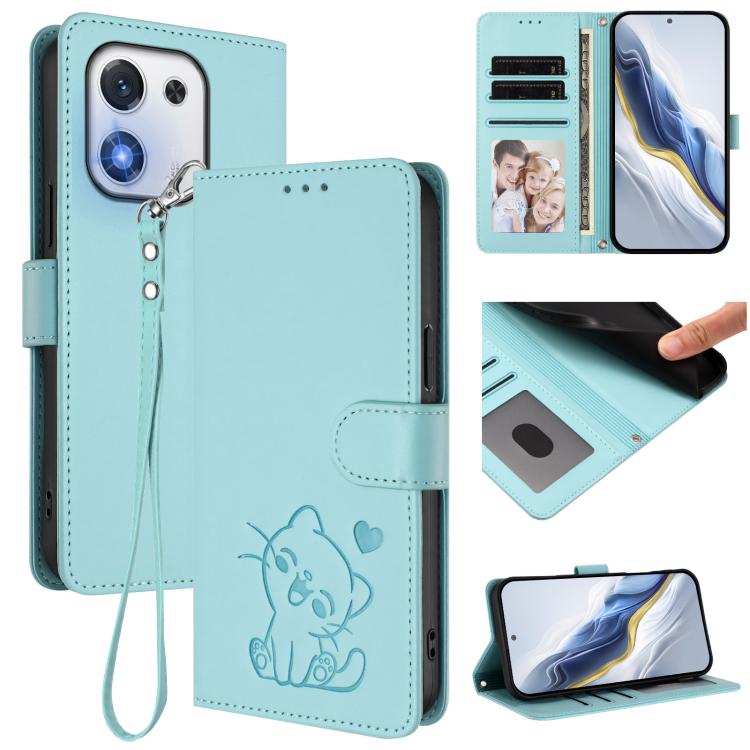 Embossed Heart Cat Leather Phone Case with Hand Strap, For Honor X70 5G, For Honor X6c 4G / X5b / X5b Plus, For Honor X70i, For Honor GT Pro