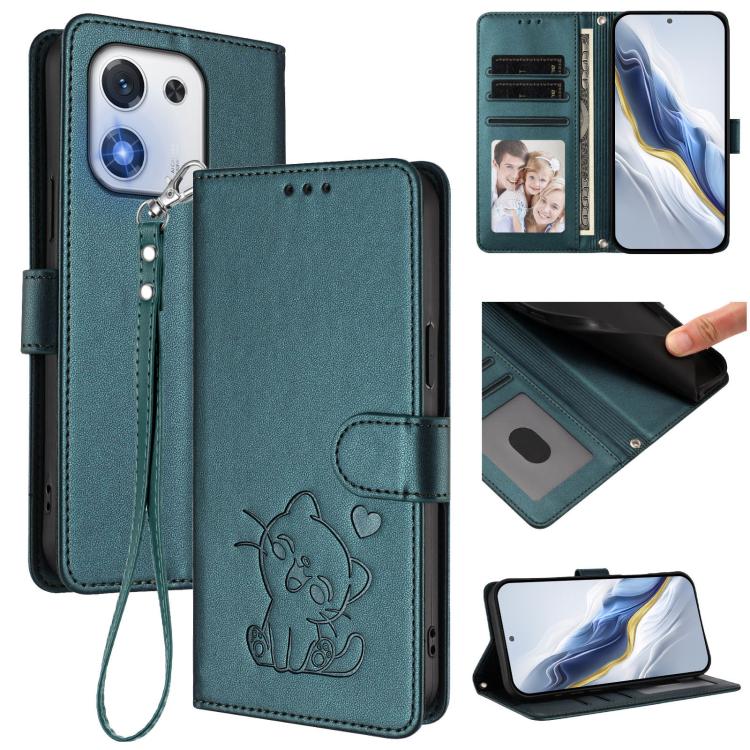 Embossed Heart Cat Leather Phone Case with Hand Strap, For Honor X70 5G, For Honor X6c 4G / X5b / X5b Plus, For Honor X70i, For Honor GT Pro