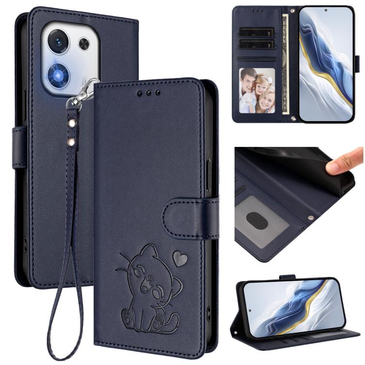 Embossed Heart Cat Leather Phone Case with Hand Strap, For Honor X70 5G, For Honor X6c 4G / X5b / X5b Plus, For Honor X70i, For Honor GT Pro