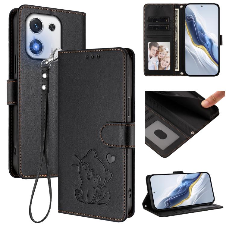 Embossed Heart Cat Leather Phone Case with Hand Strap, For Honor X70 5G, For Honor X6c 4G / X5b / X5b Plus, For Honor X70i, For Honor GT Pro