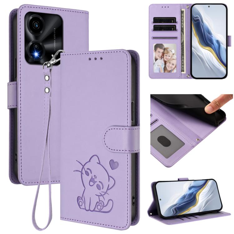 Embossed Heart Cat Leather Phone Case with Hand Strap, For Honor Magic8, For Honor Play 70 Plus, For Honor X5c Plus, For Honor 400 Smart 5G
