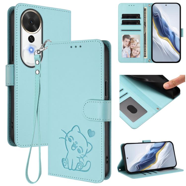 Embossed Heart Cat Leather Phone Case with Hand Strap, For Honor Magic8, For Honor Play 70 Plus, For Honor X5c Plus, For Honor 400 Smart 5G