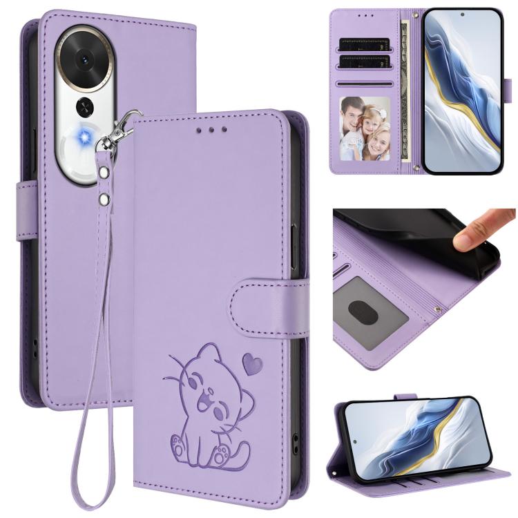 Embossed Heart Cat Leather Phone Case with Hand Strap, For Honor Magic8, For Honor Play 70 Plus, For Honor X5c Plus, For Honor 400 Smart 5G