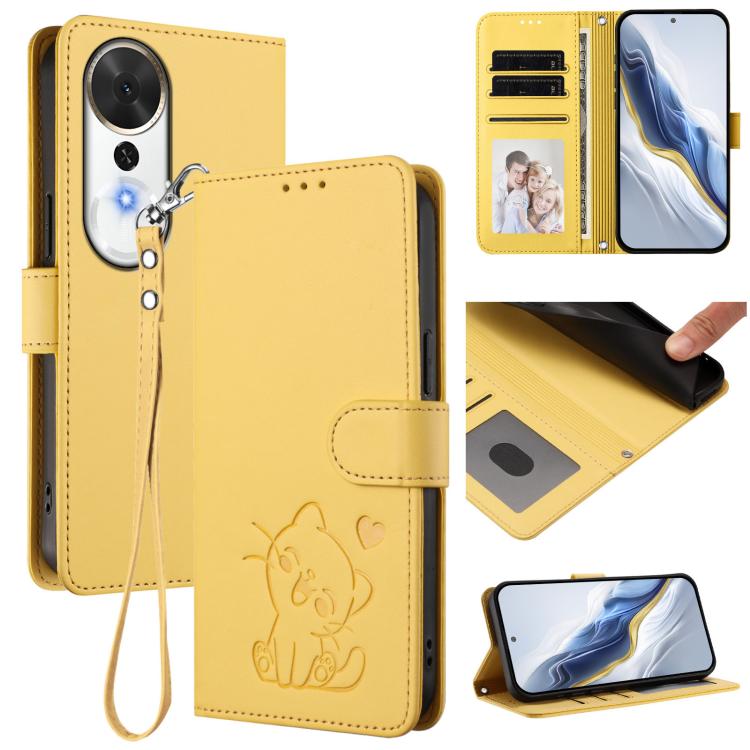 Embossed Heart Cat Leather Phone Case with Hand Strap, For Honor Magic8, For Honor Play 70 Plus, For Honor X5c Plus, For Honor 400 Smart 5G