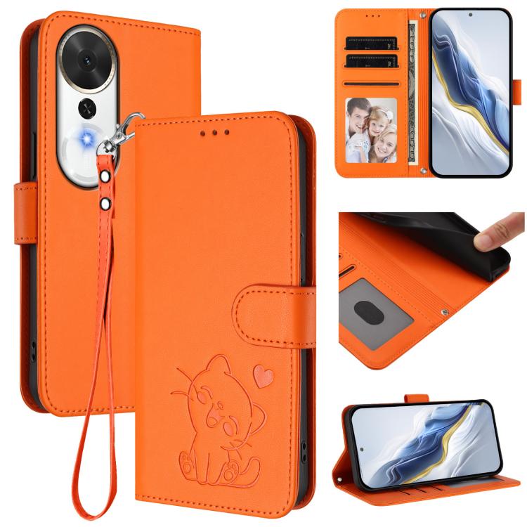 Embossed Heart Cat Leather Phone Case with Hand Strap, For Honor Magic8, For Honor Play 70 Plus, For Honor X5c Plus, For Honor 400 Smart 5G