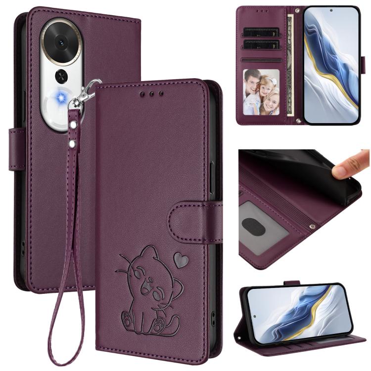 Embossed Heart Cat Leather Phone Case with Hand Strap, For Honor Magic8, For Honor Play 70 Plus, For Honor X5c Plus, For Honor 400 Smart 5G