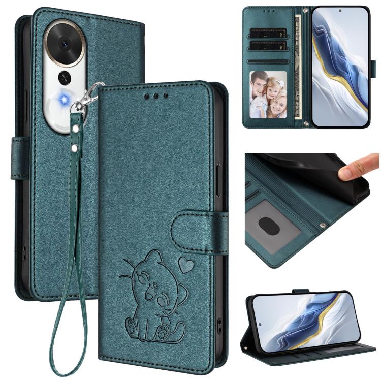 Embossed Heart Cat Leather Phone Case with Hand Strap, For Honor Magic8, For Honor Play 70 Plus, For Honor X5c Plus, For Honor 400 Smart 5G