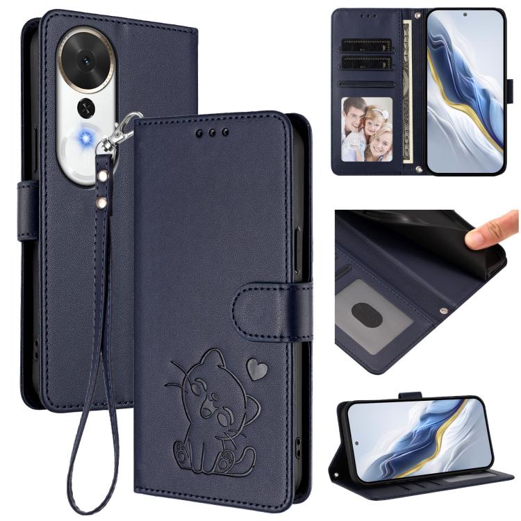 Embossed Heart Cat Leather Phone Case with Hand Strap, For Honor Magic8, For Honor Play 70 Plus, For Honor X5c Plus, For Honor 400 Smart 5G