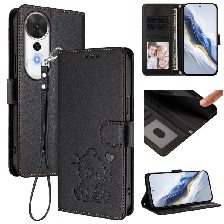 Embossed Heart Cat Leather Phone Case with Hand Strap, For Honor Magic8, For Honor Play 70 Plus, For Honor X5c Plus, For Honor 400 Smart 5G