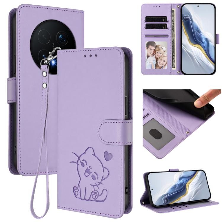 Embossed Heart Cat Leather Phone Case with Hand Strap, For Honor 600 Lite Global, For Honor Magic8 Pro Air 5G, For Honor X8d 4G, For Honor Magic8 Pro