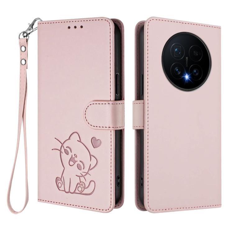 Embossed Heart Cat Leather Phone Case with Hand Strap, For Honor Magic8, For Honor Play 70 Plus, For Honor X5c Plus, For Honor 400 Smart 5G