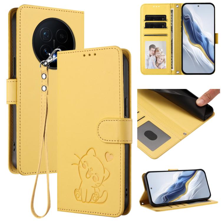 Embossed Heart Cat Leather Phone Case with Hand Strap, For Honor Magic8, For Honor Play 70 Plus, For Honor X5c Plus, For Honor 400 Smart 5G