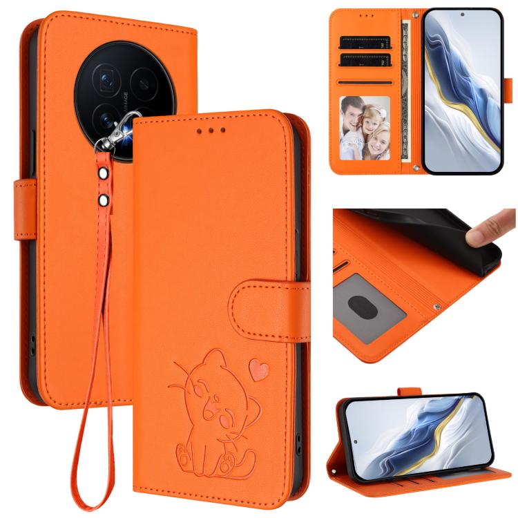 Embossed Heart Cat Leather Phone Case with Hand Strap, For Honor Magic8, For Honor Play 70 Plus, For Honor X5c Plus, For Honor 400 Smart 5G