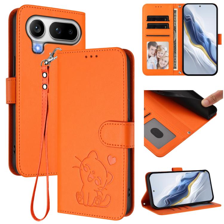 Embossed Heart Cat Leather Phone Case with Hand Strap, For Honor 600 Lite Global, For Honor Magic8 Pro Air 5G, For Honor X8d 4G, For Honor Magic8 Pro