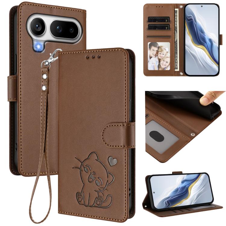 Embossed Heart Cat Leather Phone Case with Hand Strap, For Honor 600 Lite Global, For Honor Magic8 Pro Air 5G, For Honor X8d 4G, For Honor Magic8 Pro