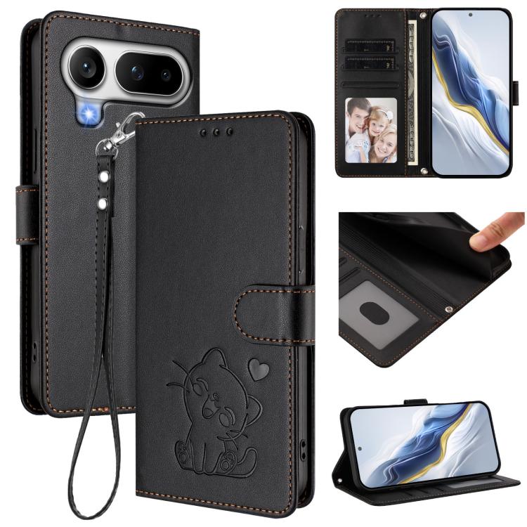 Embossed Heart Cat Leather Phone Case with Hand Strap, For Honor 600 Lite Global, For Honor Magic8 Pro Air 5G, For Honor X8d 4G, For Honor Magic8 Pro