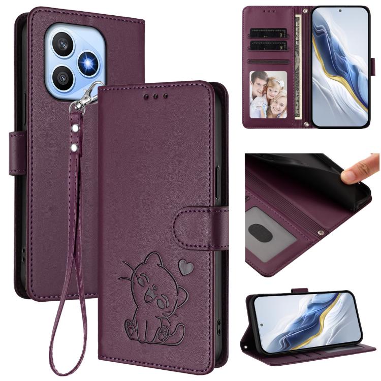 Embossed Heart Cat Leather Phone Case with Hand Strap, For Honor 600 Lite Global, For Honor Magic8 Pro Air 5G, For Honor X8d 4G, For Honor Magic8 Pro