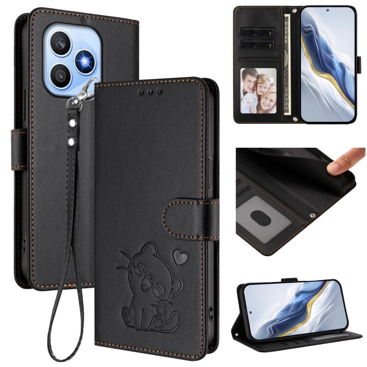 Embossed Heart Cat Leather Phone Case with Hand Strap, For Honor 600 Lite Global, For Honor Magic8 Pro Air 5G, For Honor X8d 4G, For Honor Magic8 Pro