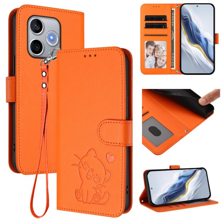 Embossed Heart Cat Leather Phone Case with Hand Strap, For Honor 600 Lite Global, For Honor Magic8 Pro Air 5G, For Honor X8d 4G, For Honor Magic8 Pro