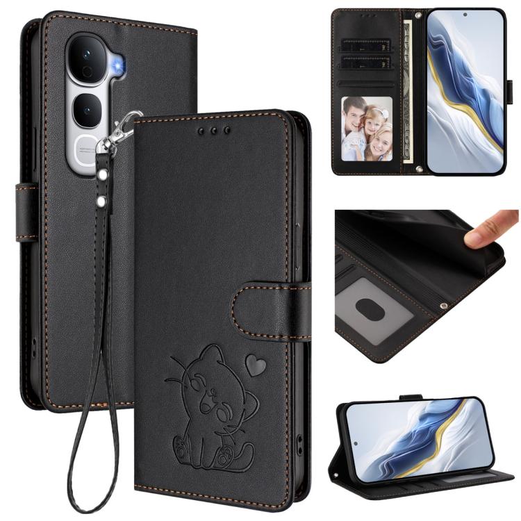 Embossed Heart Cat Leather Phone Case with Hand Strap, For vivo V60 5G Global, For vivo Y400 Pro 5G, For vivo X200 FE / vivo S30 Pro mini, For vivo S30