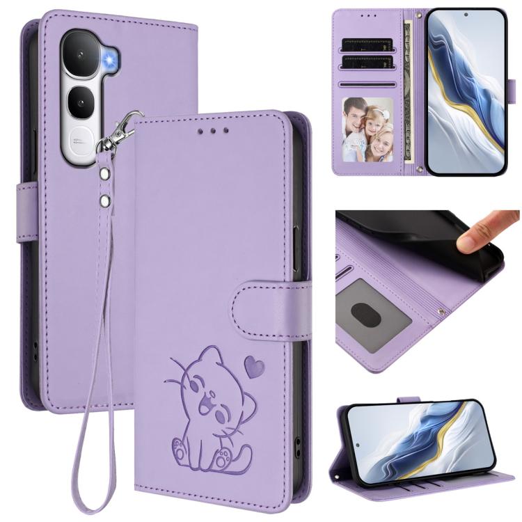 Embossed Heart Cat Leather Phone Case with Hand Strap, For vivo X300 Ultra, For vivo V60 Lite 5G Global, For vivo Y400 5G, For vivo iQOO Neo 10+ 5G