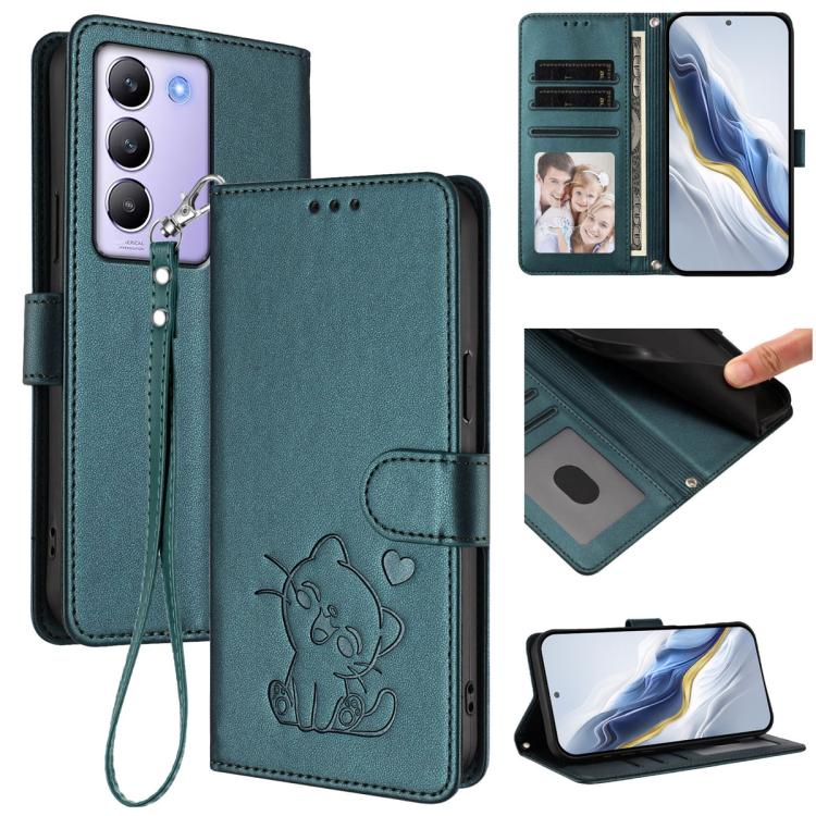 Embossed Heart Cat Leather Phone Case with Hand Strap, For vivo X200 Pro mini, For vivo X200 Pro, For vivo Y100 4G IDN / V30 Lite 4G / V30 SE, For vivo iQOO Z9s / vivo V40e