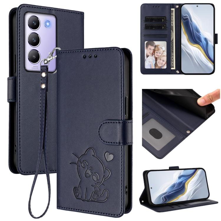Embossed Heart Cat Leather Phone Case with Hand Strap, For vivo X200 Pro mini, For vivo X200 Pro, For vivo Y100 4G IDN / V30 Lite 4G / V30 SE, For vivo iQOO Z9s / vivo V40e