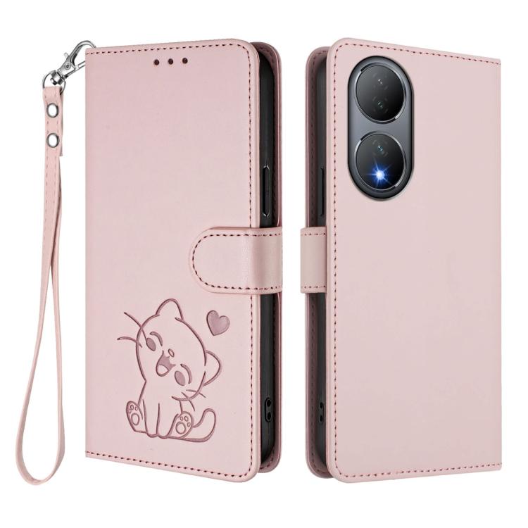 Embossed Heart Cat Leather Phone Case with Hand Strap, For vivo Y100 5G / vivo Y100A Global, For vivo S16 / S16 Pro / V27 / V27 Pro, For vivo S16e / V27e / T2, For vivo Y35 4G / Y22 / Y22s / Y77 / Y77e