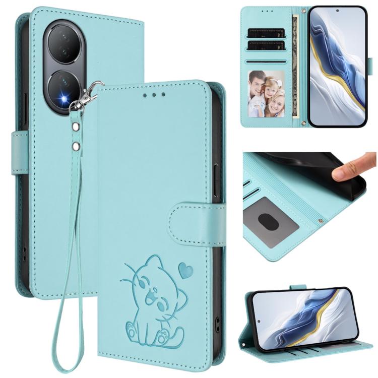 Embossed Heart Cat Leather Phone Case with Hand Strap, For vivo Y100 5G / vivo Y100A Global, For vivo S16 / S16 Pro / V27 / V27 Pro, For vivo S16e / V27e / T2, For vivo Y35 4G / Y22 / Y22s / Y77 / Y77e