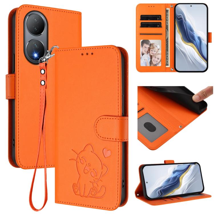 Embossed Heart Cat Leather Phone Case with Hand Strap, For vivo Y100 5G / vivo Y100A Global, For vivo S16 / S16 Pro / V27 / V27 Pro, For vivo S16e / V27e / T2, For vivo Y35 4G / Y22 / Y22s / Y77 / Y77e