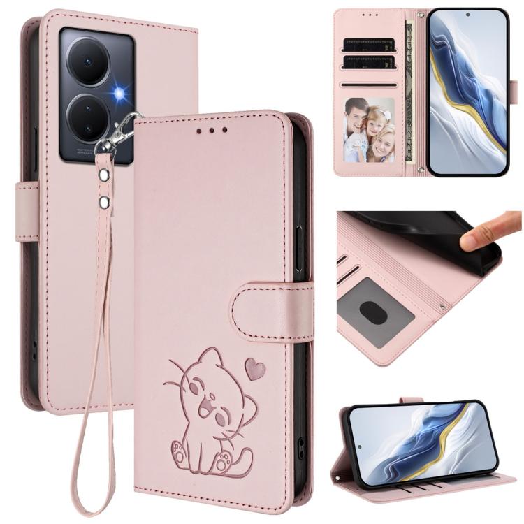Embossed Heart Cat Leather Phone Case with Hand Strap, For vivo Y17s 4G Global / vivo Y17s 5G India, For vivo Y35+ / Y35m+ / Y27 4G 2023, For vivo Y02 / Y02A / Y02t / Y11 2023, For vivo Y78 / Y78+ / V29 Lite