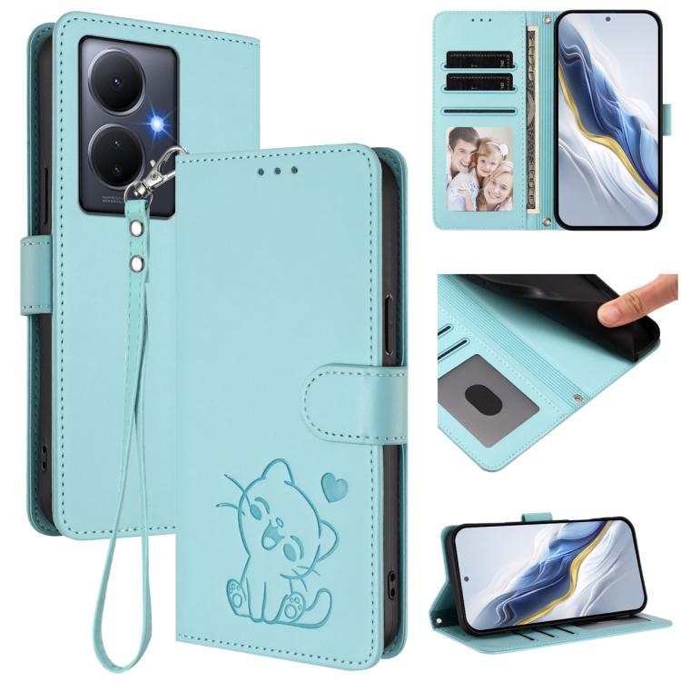 Embossed Heart Cat Leather Phone Case with Hand Strap, For vivo Y17s 4G Global / vivo Y17s 5G India, For vivo Y35+ / Y35m+ / Y27 4G 2023, For vivo Y02 / Y02A / Y02t / Y11 2023, For vivo Y78 / Y78+ / V29 Lite