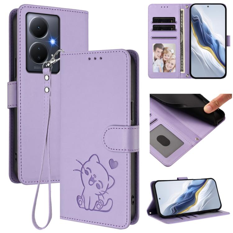 Embossed Heart Cat Leather Phone Case with Hand Strap, For vivo Y17s 4G Global / vivo Y17s 5G India, For vivo Y35+ / Y35m+ / Y27 4G 2023, For vivo Y02 / Y02A / Y02t / Y11 2023, For vivo Y78 / Y78+ / V29 Lite